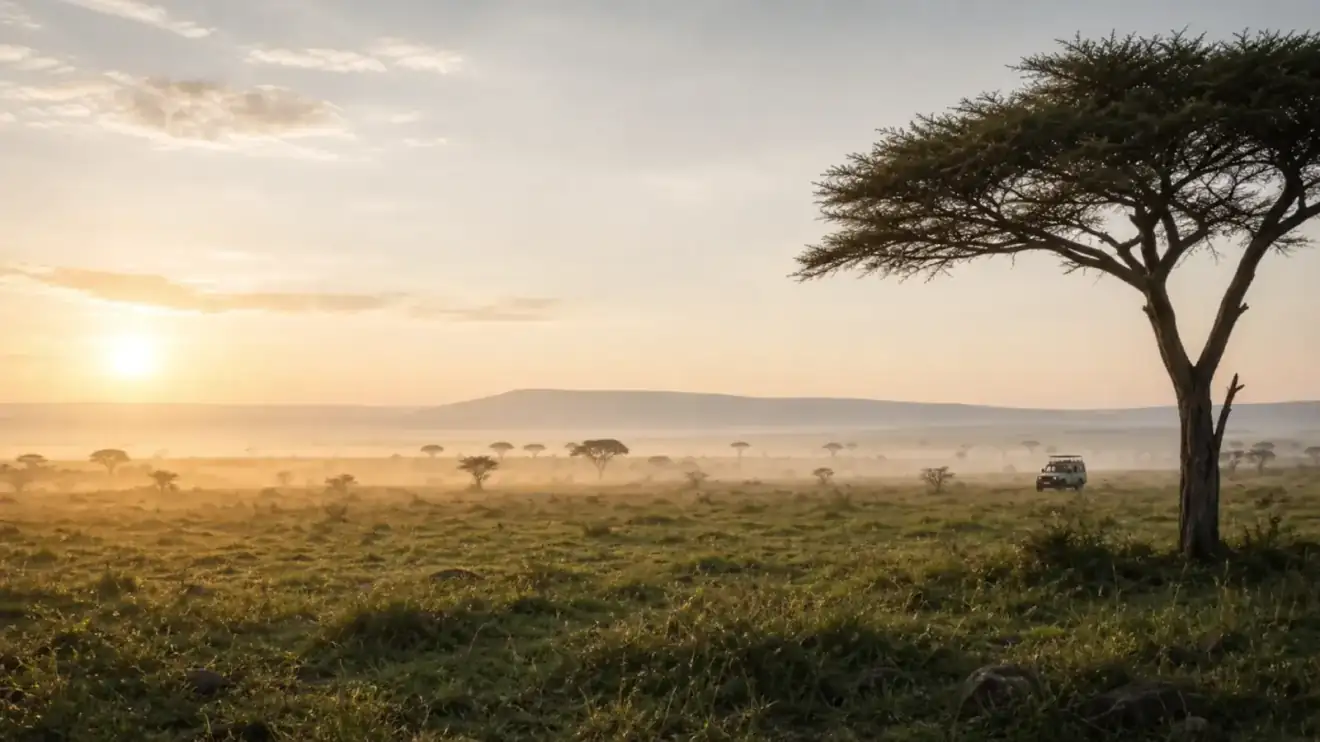 Serengeti-Landschaft im Morgenlicht mit Akazie und Safari-Fahrzeug